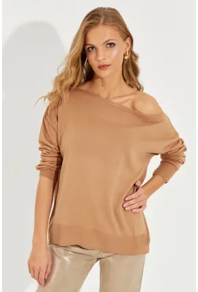 Kadın Camel Düşük Omuz Triko Bluz YZ617