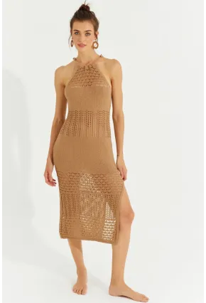 Kadın Camel Halter Yaka Ajurlu Midi Elbise SF2506