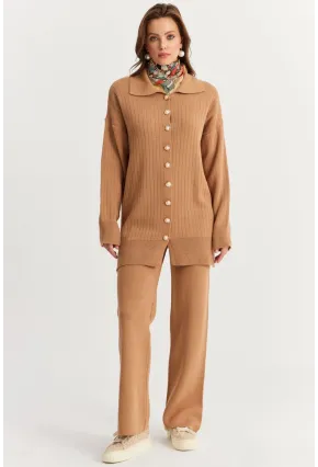 Kadın Camel İnci Düğmeli Hırka Triko Alt Üst Takım NUV26