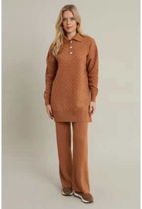 Kadın Camel İnci Düğmeli Triko Alt Üst Takım MNUV33