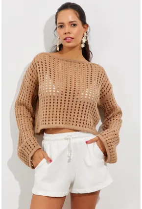 Kadın Camel İspanyol Kol Ajurlu Triko Kısa Bluz SMT181