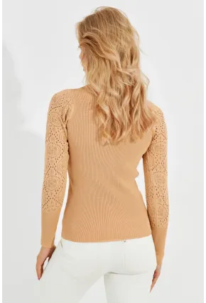 Kadın Camel Kalp Yaka Ajurlu Triko Bluz SMT217