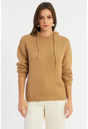 Kadın Camel Kapüşonlu Triko Bluz SMT2419