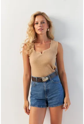 Kadın Camel Kare Yaka Triko Bluz SMT243