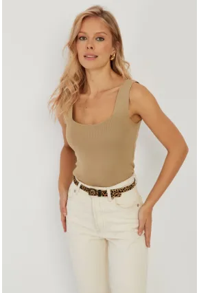 Kadın Camel Kare Yaka Triko Bluz YV80