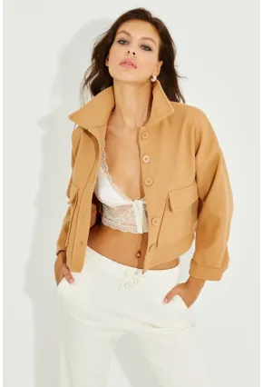 Kadın Camel Kaşe Cepli Kısa Ceket PP2444