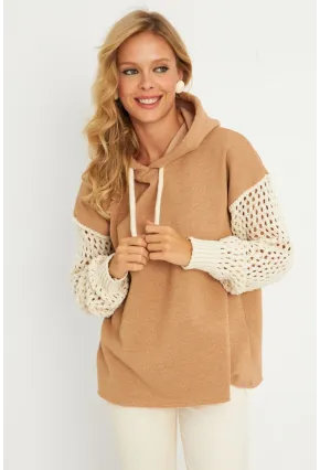 Kadın Camel Kolları Ajurlu Kapüşonlu Sweatshirt YLE12