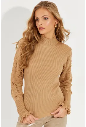 Kadın Camel Kolları Ajurlu Triko Bluz SMT218