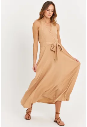 Kadın Camel Kruvaze Bürümcük Maxi Elbise EY3053