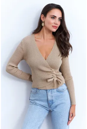 Kadın Camel Kruvaze Büzgülü Simli Bluz KED173