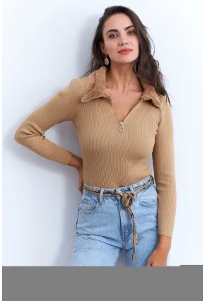 Kadın Camel Kürk Yaka Bluz ELA115