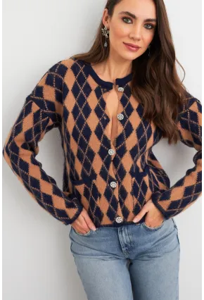 Kadın Camel-Lacivert Düğme Detaylı Hırka ELT12022