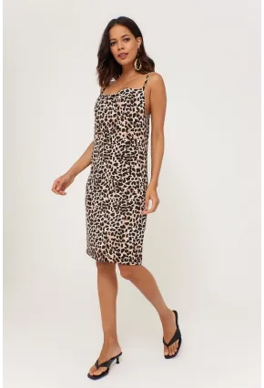 Kadın Camel Leopar Desenli Degaje Yaka Elbise LPP1130