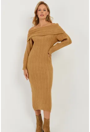 Kadın Camel Madonna Yaka Triko Midi Elbise KZ2503