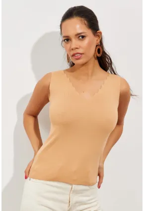 Kadın Camel Merdiven Yaka Triko Bluz YV83