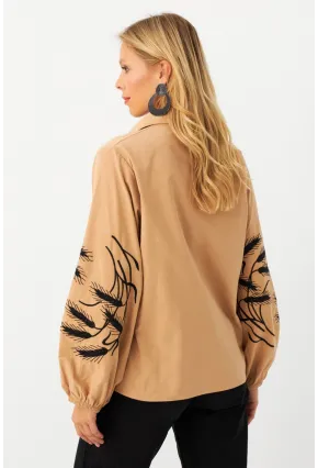 Kadın Camel Nakışlı Balon Kol Gömlek MQS5603