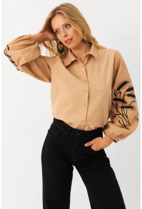 Kadın Camel Nakışlı Balon Kol Gömlek MQS5603
