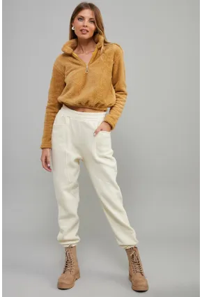 Kadın Camel Önü Fermuarlı Crop Peluş Sweatshirt DA85
