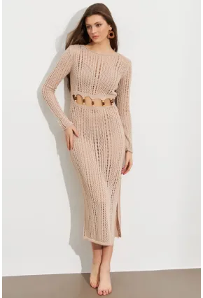 Kadın Camel Önü Pencereli Ajurlu Plaj Elbisesi KZ545