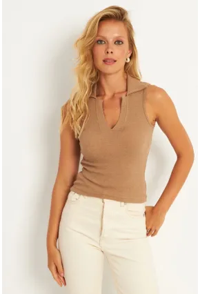 Kadın Camel Polo Yaka Kaşkorse Bluz MK10