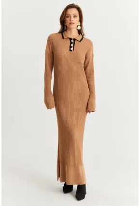Kadın Camel Polo Yaka Triko Maxi Elbise MNUV17