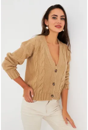 Kadın Camel Saç Örgülü Hırka YV295