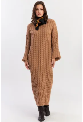 Kadın Camel Saç Örgülü Triko Midi Elbise KZ541