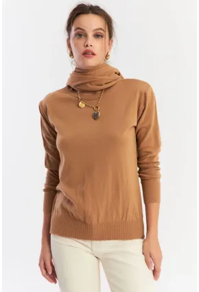 Kadın Camel Şal Aksesuarlı Triko Bluz YV286