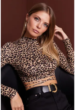 Kadın Camel Sırt Dekolteli Leopar Desenli Crop Bluz LPP1131