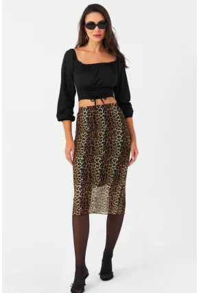 Kadın Camel-Siyah Astarlı Desenli Tül Etek CG391