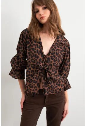 Kadın Camel-Siyah Bağlama Detaylı Leopar Gömlek FS9340