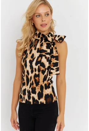 Kadın Camel-Siyah Boyun Bağlamalı Leopar Desenli Bluz EY2890
