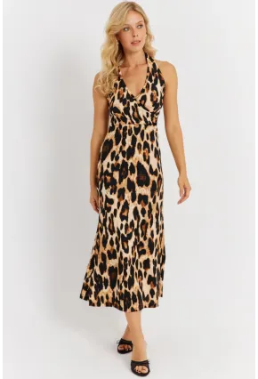 Kadın Camel-Siyah Boyun Bağlamalı Leopar Desenli Midi Elbise EY2897