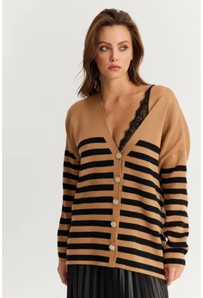 Kadın Camel-Siyah Çizgili Triko Hırka CNG3