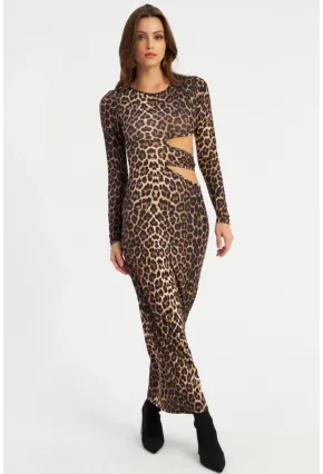 Kadın Camel-Siyah Dekolteli Leopar Maxi Yılbaşı Elbise LİK9