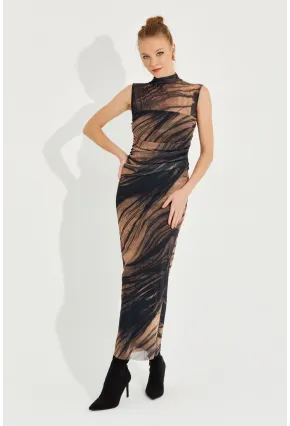 Kadın Camel-Siyah Desenli Maxi Tül Elbise RMZ21181