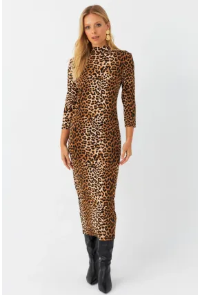 Kadın Camel-Siyah Desenli Midi Elbise MLPP400
