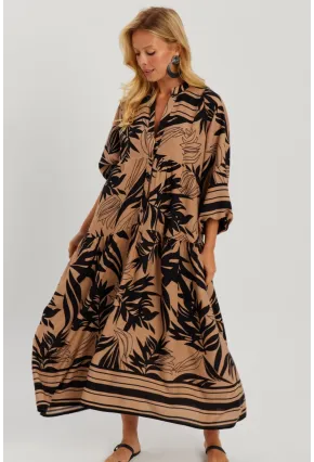 Kadın Camel-Siyah Desenli Salaş Maxi Elbise GÇ166