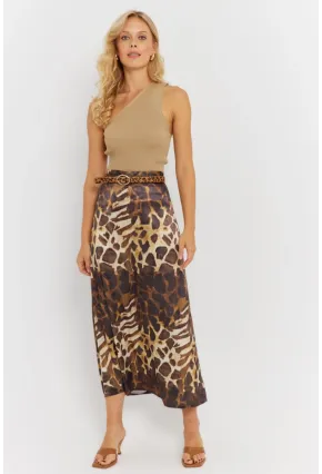 Kadın Camel-Siyah Desenli Saten Etek KED170