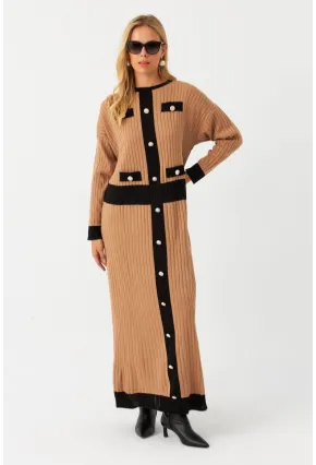 Kadın Camel-Siyah Düğme Detaylı Maxi Elbise MTC3201