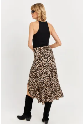 Kadın Camel-Siyah Fırfırlı Asimetrik Leopar Midi Etek LON3011