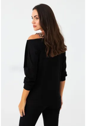 Kadın Camel-Siyah Kadife Bloklu Leopar Desenli Sweatshirt ST097