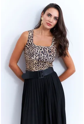 Kadın Camel-Siyah Kare Yaka Leopar Bluz RLO87