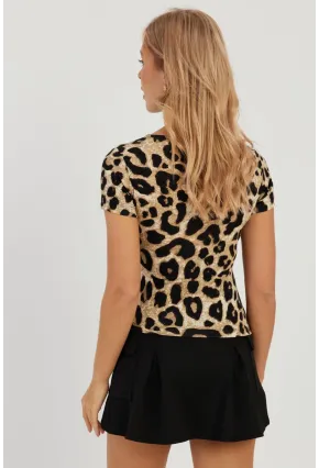 Kadın Camel-Siyah Kare Yaka Leopar Desenli Bluz LPP1258