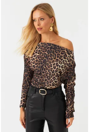 Kadın Camel-Siyah Kayık Yaka Leopar Bluz DMR382-1