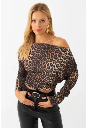 Kadın Camel-Siyah Kayık Yaka Leopar Bluz DMR382-1