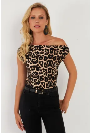 Kadın Camel-Siyah Kayık Yaka Leopar Bluz LPP1288