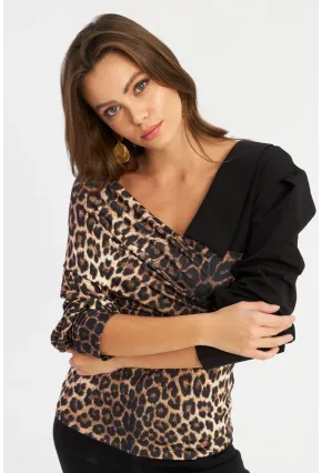 Kadın Camel-Siyah Kruvaze Leopar Bluz LİK8