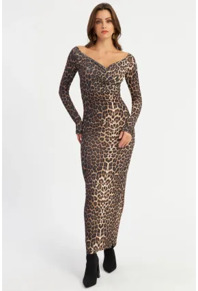 Kadın Camel-Siyah Kruvaze Leopar Maxi Elbise LİK11