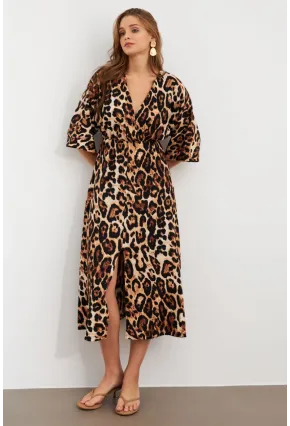 Kadın Camel-Siyah Kruvaze Leopar Midi Elbise KAB306